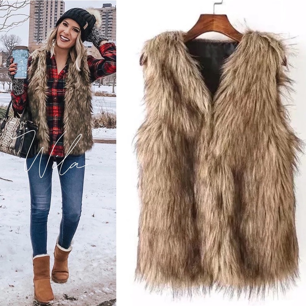 Preppy fall winter luxe Faux fur vest tan brown - Picture 2 of 5